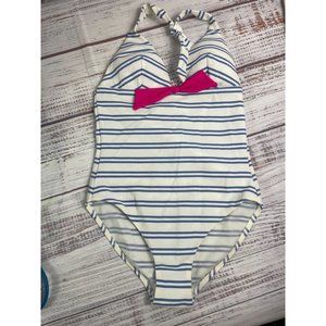 Women's Enfasis Blue White Cali Striped V Neck‎ Swimsuit w/ Pink Bow Sz 8 38